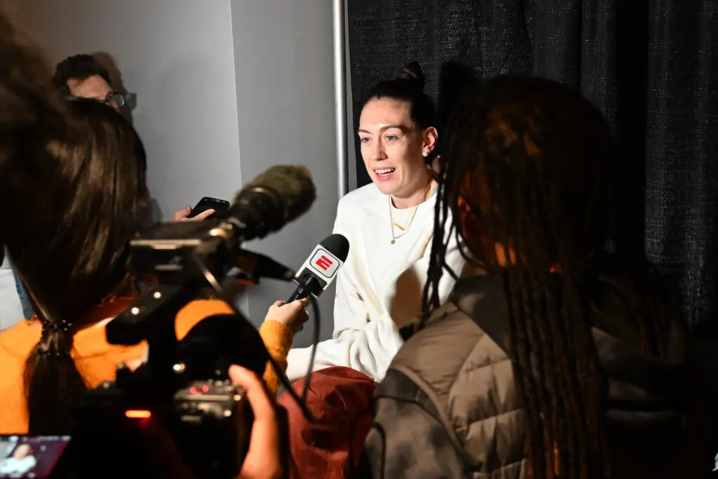 New York Liberty star Breanna Stewart speaks to reporters ahead of a 2024 WNBA Finals game.