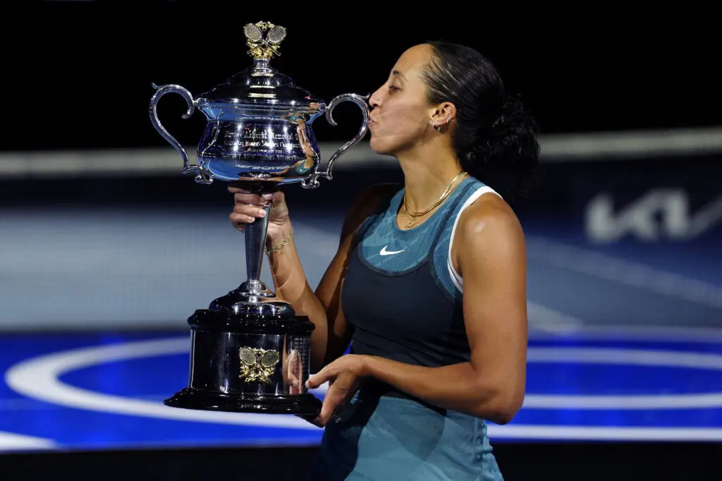 US tennis star Madison Keys kisses the Daphne Akhurst Memorial Cup after winning the 2025 Australian Open.