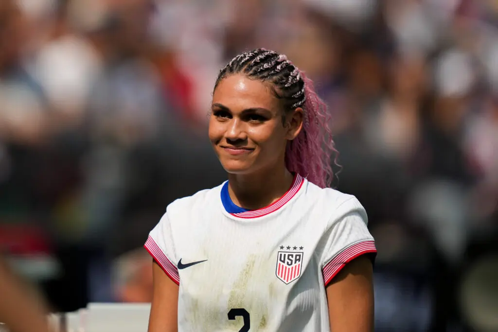 USWNT star Trinity Rodman looks on during a 2025 friendly.