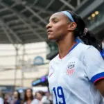 USWNT star Crystal Dunn looks on during a 2025 friendly.