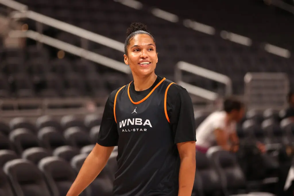 Phoenix Mercury star Alyssa Thomas looks on during a practice session for the 2025 WNBA All-Star Game.