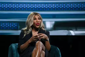 US tennis player Serena Williams speaks at the American Business Forum at the Kaseya Center in Miami on November 6, 2025.