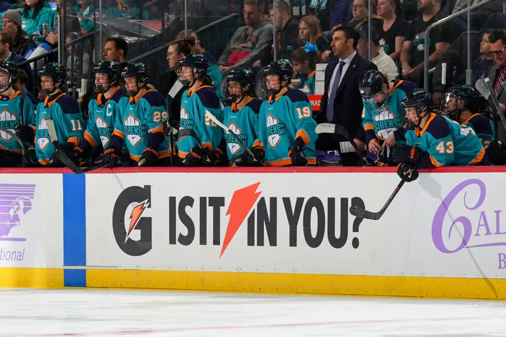 The New York Sirens bench watches during a 2025/26 PWHL game.