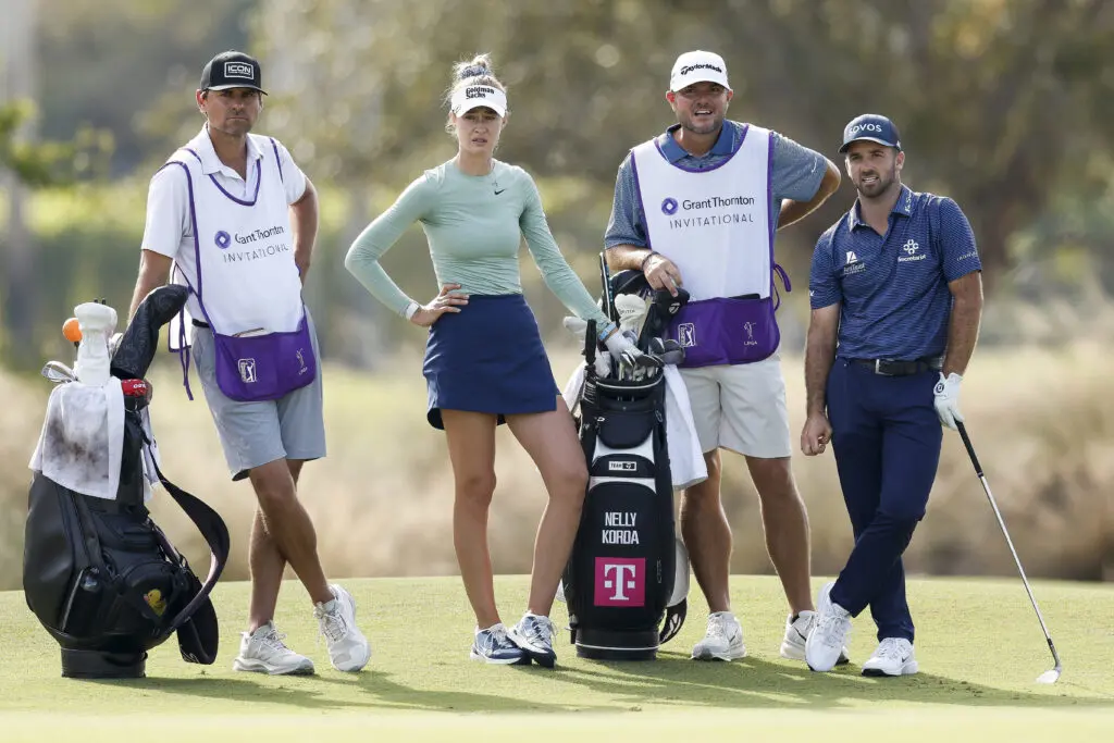 Nelly Korda of the United States, Denny McCarthy of the United States and their caddies look on while playing the 13th hole during the first round of the Grant Thornton Invitational 2025 at Tiburon Golf Club on December 12, 2025 in Naples, Florida.