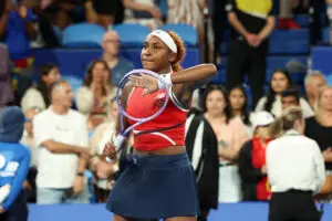 Team USA star Coco Gauff celebrates a point during a 2026 United Cup match.