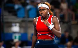 US tennis star Coco Gauff reacts to a point during a 2026 United Cup match.