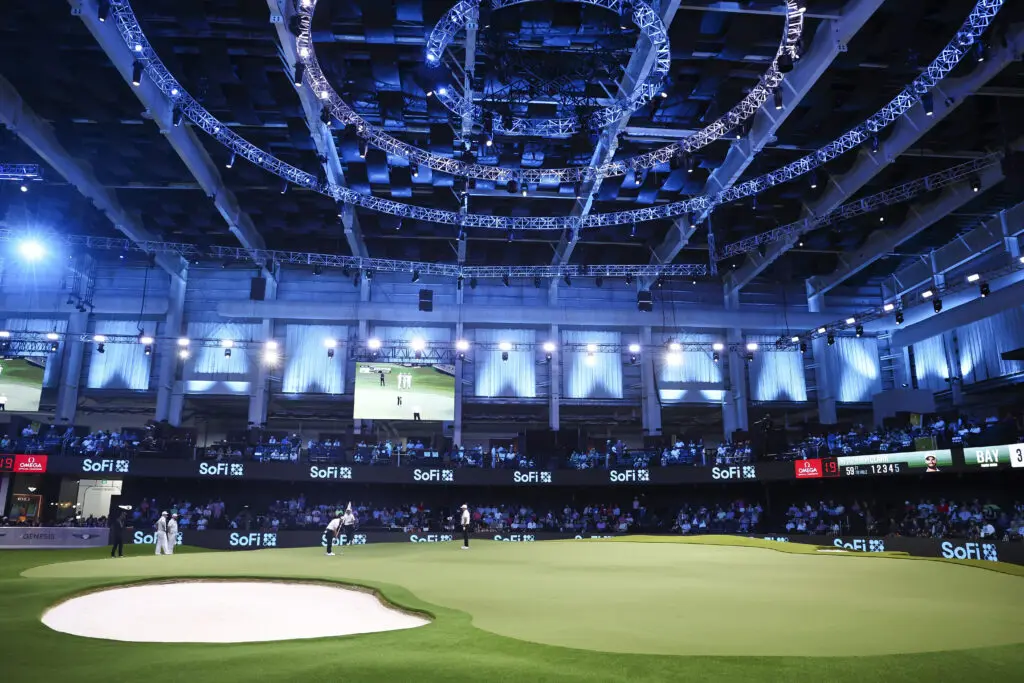 A general view of the indoor green during a 2026 Tomorrow's Golf League (TGL) match.