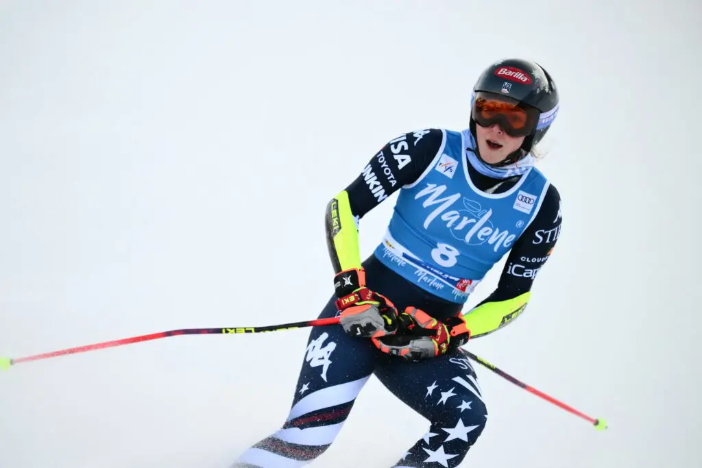 US ski star Mikaela Shiffrin reacts to her giant slalom run at a 2026 FIS World Cup stop.