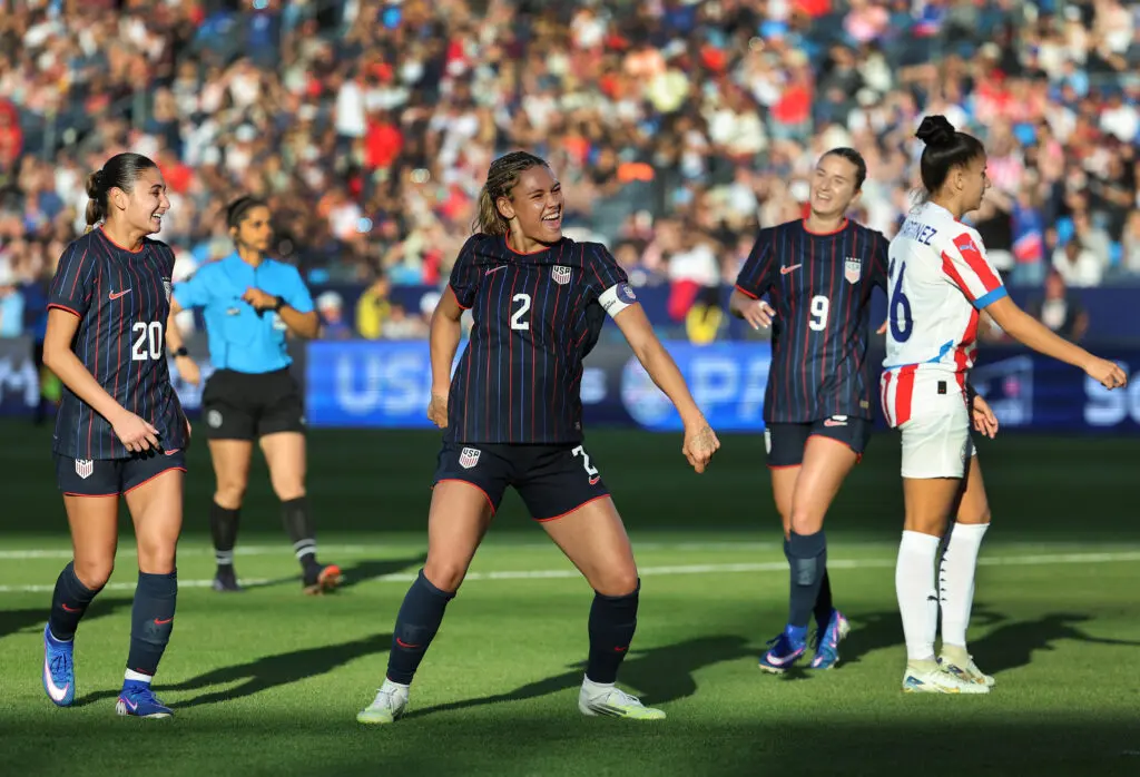 USWNT star Trinity Rodman celebrates her goal by dancing during a 2026 friendly.