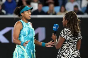 Naomi Osaka of Japan speaks to the media following victory over Sorana Cirstea of Romania in the Women's Singles Second Round during day five of the 2026 Australian Open at Melbourne Park on January 22, 2026 in Melbourne, Australia.