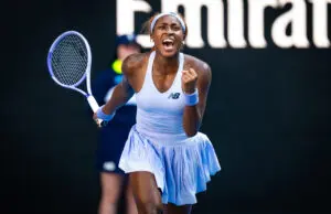 US tennis star Coco Gauff celebrates during her fourth-round win at the 2026 Australian Open.