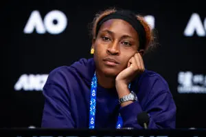 Coco Gauff of the United States talks to the media after losing to Elina Svitolina of Ukraine in the quarter-final on Day 10 of the 2026 Australian Open at Melbourne Park on January 27, 2026 in Melbourne, Australia