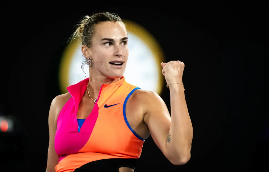 Aryna Sabalenka celebrates a point during her 2026 Australian Open semifinals win.