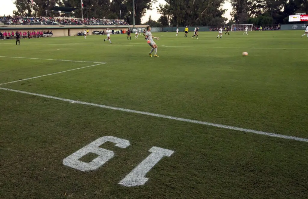 The number 19, last worn by Katie Meyer, a Stanford Cardinal player who committed suicide earlier this year, adorns the field as the Cardinal take on the UCLA Bruins during the first half at Laird Q. Cagan Stadium.