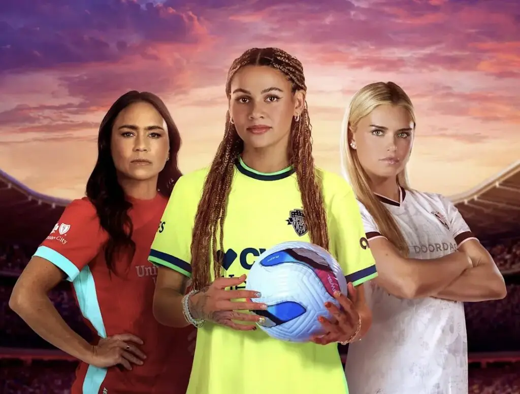 A graphic for the new ESPN docuseries "NWSL: The Final Third" includes Kansas City Current midfielder Lo'eau LaBonta, Washington Spirit forward Trinity Rodman, and Angel City attacker Riley Tiernan.