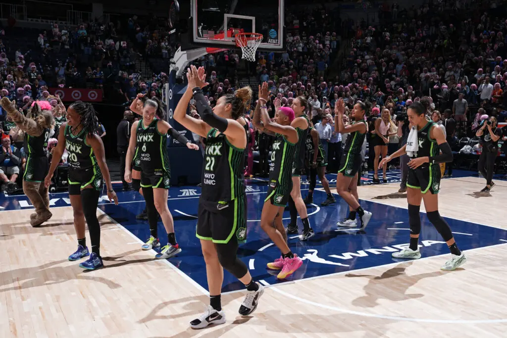 The Minnesota Lynx celebrate after a win in the 2025 WNBA season.