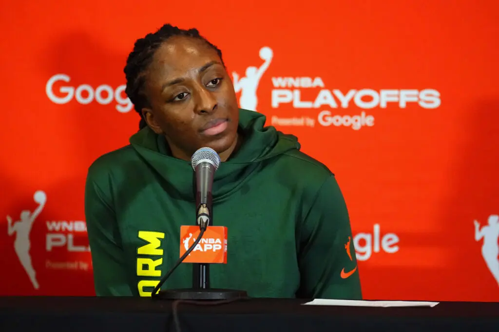 Seattle Storm star Nneka Ogwumike speaks to media after a 2025 WNBA game.