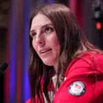 US women's hockey player Hilary Knight speaks to the media during the Team USA Media Summit at Javits Center on October 29, 2025 in New York City before Trump made remarks to the men's team during the 2026 Winter Olympics.