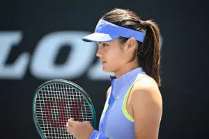 Emma Raducanu of Great Britain reacts after losing a point against Anastasia Potapova of Austria in the Women's Singles Second Round during day four of the 2026 Australian Open at Melbourne Park on January 21, 2026 in Melbourne, Australia.