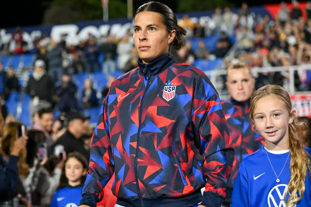 USWNT defender Emily Sams enters the pitch ahead of a 2026 friendly.