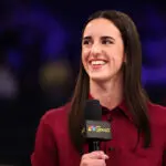 Caitlin Clark talks on stage as she joins NBC’s Sunday Night Basketball prior to the game between the Los Angeles Lakers and New York Knicks at Madison Square Garden on February 01, 2026 in New York City.