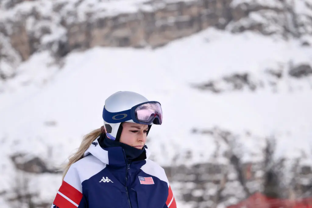 USA alpine skier Lindsey Vonn looks on during a course inspection at the 2026 Winter Olympics.