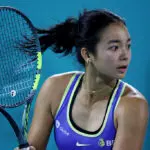 Alexandra Eala of the Philippines in action against Aliaksandra Sasnovich in the second round during day four of the Mubadala Abu Dhabi Open, part of the Hologic WTA Tour, at Zayed Sports City on February 04, 2026 in Abu Dhabi, United Arab Emirates.