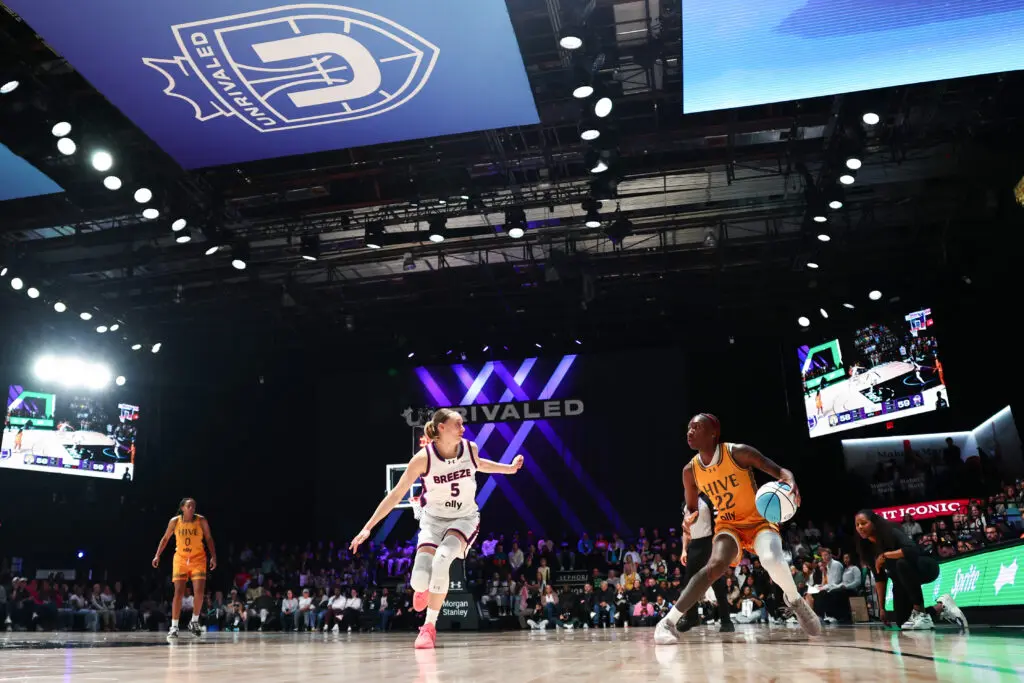 Breeze BC guard Paige Bueckers defends as Hive BC guard Saniya Rivers drives toward the basket during a 2026 Unrivaled game.