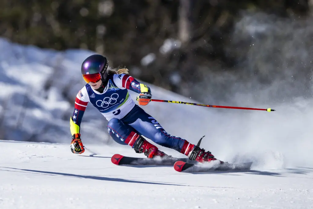 Team USA alpine ski star Mikaela Shiffrin competes in the giant slalom at the 2026 Winter Olympics.