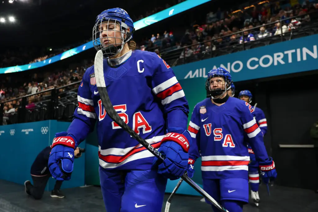 Captain Hilary Knight leads Team USA onto the ice for their 2026 Winter Olympics hockey semifinal.