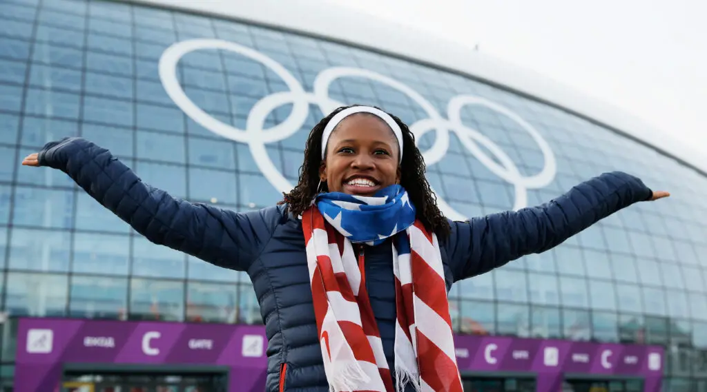USA bobsledder Lauryn Williams poses in the Olympic Park at the 2014 Sochi Winter Games.