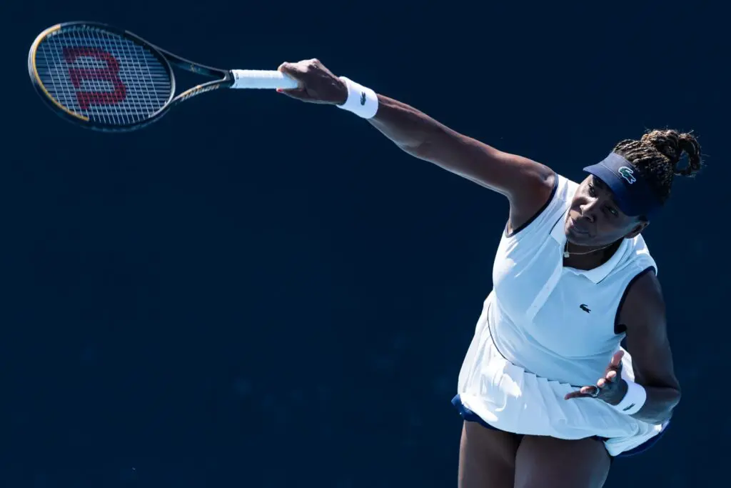 f United States and Ekaterina Alexandrova in action against Emiliana Arango of Colombia and Elsa Jacquemot of France in the first round of the womens doubles at the Australian Open at Melbourne Park.