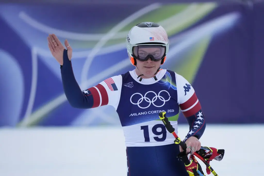 Before getting engaged to Connor Watkins, Breezy Johnson of the United States reacts in the finish area after a DNF in the women's alpine skiing Super G race during the Milano Cortina 2026 Olympic Winter Games at Tofane Alpine Skiing Centre.