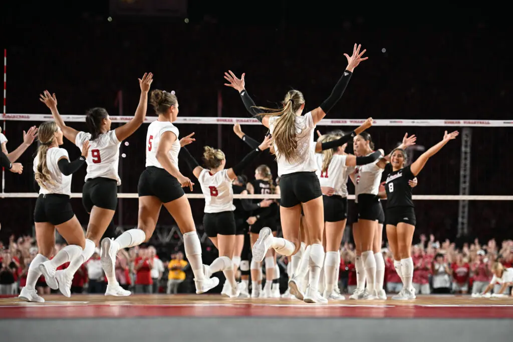 Nebraska celebrates their win at the historic 2023 Volleyball Day match in Memorial Stadium.