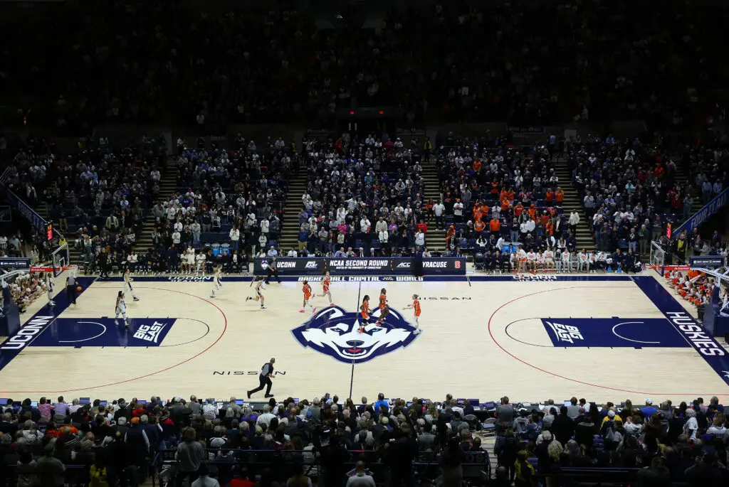 General view of the arena and action during the Syracuse Orange game versus the UConn women's basketball in the second round of the NCAA Division I Women's Championship on March 25, 2024, at Harry A. Gampel Pavilion in Storrs, CT.
