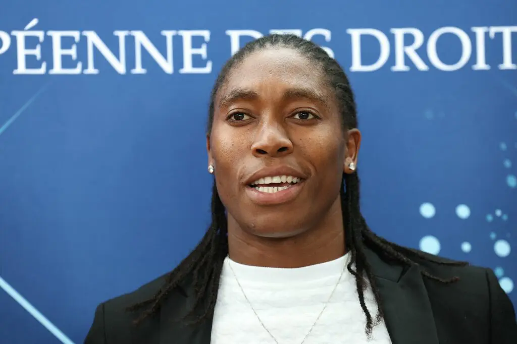 South Africa's two-time Olympic champion runner Caster Semenya speaks to the press following a 2024 hearing at the European Court of Human Rights.