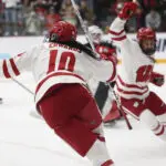Wisconsin defenseman Laila Edwards celebrates her goal during the 2025 Division I women's hockey championship.