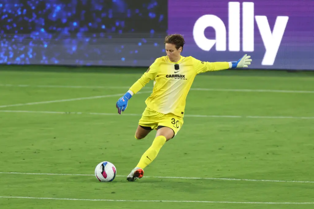 Gotham FC goalkeeper Ann-Katrin Berger kicks the ball during a 2025 NWSL match.