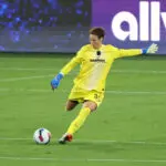 Gotham FC goalkeeper Ann-Katrin Berger kicks the ball during a 2025 NWSL match.