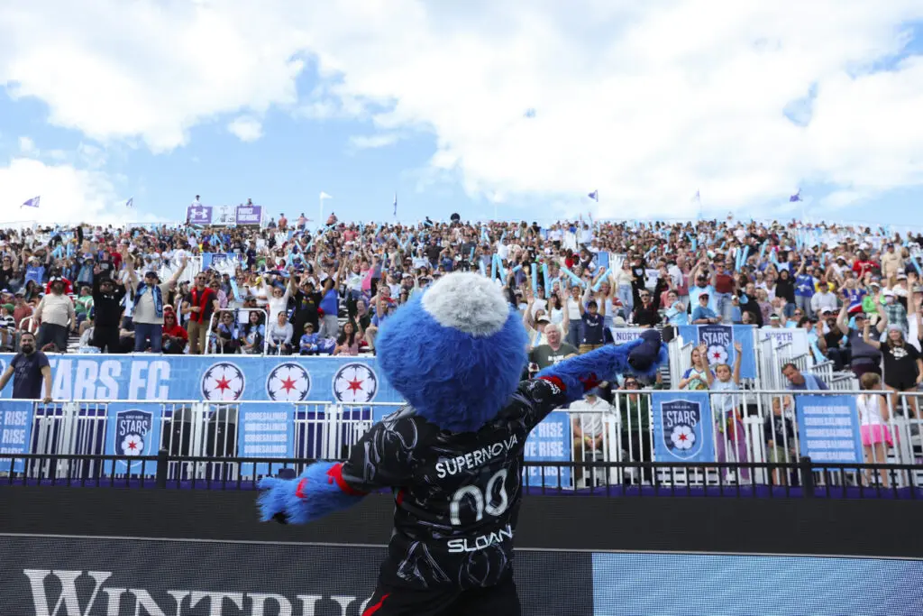 The Chicago Stars FC mascot entertains fans at a 2025 NWSL match held at Northwestern University's Martin Stadium.