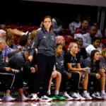 Ahead of her Women's March Madness game with Vanderbilt, Head coach Chelsea Banbury of the High Point Panthers looks on during the second half against the NC State Wolfpack at Reynolds Coliseum on October 18, 2025 in Raleigh, North Carolina. (Photo by Lance King/Getty Images)