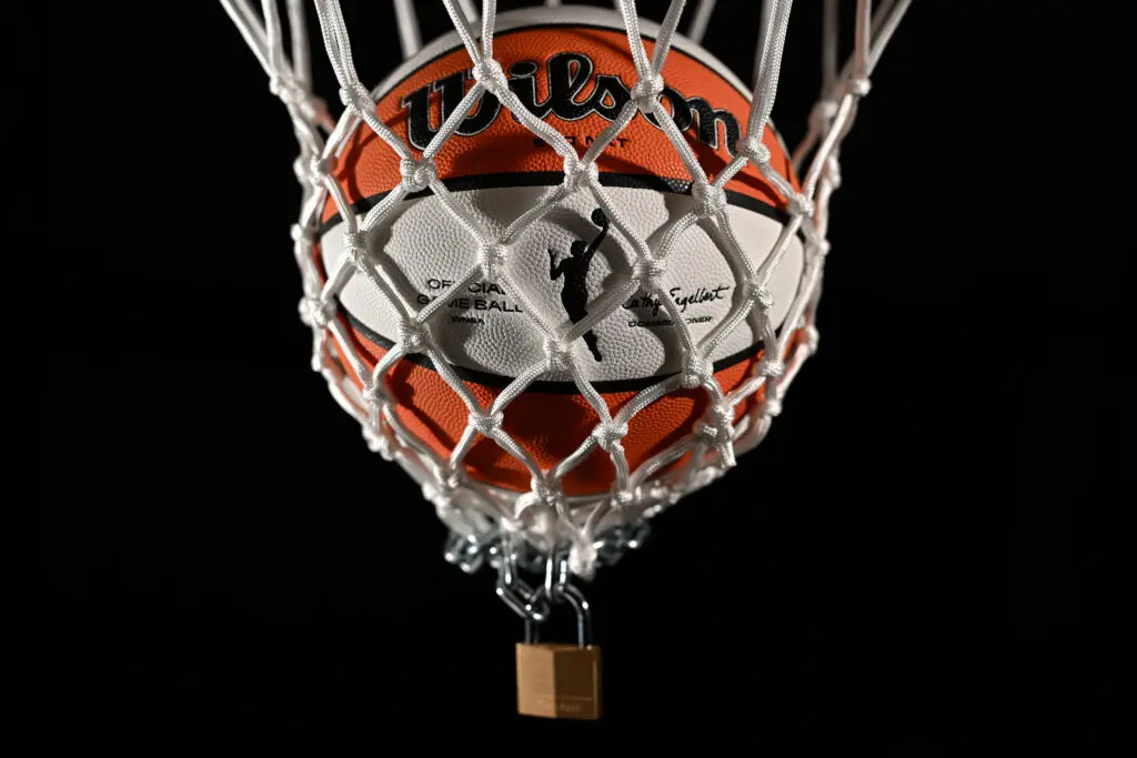 An official WNBA ball rests in a basket with the net padlocked together at the bottom.