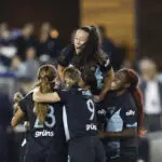 Gotham FC players celebrate Rose Lavelle's game-winning goal during the 2025 NWSL Championship match.