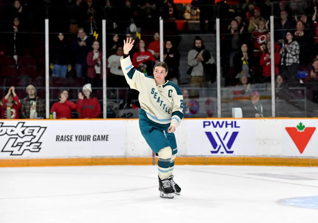Seattle Torrent captain Hilary Knight waves to the crowd after a 2026 PWHL game.