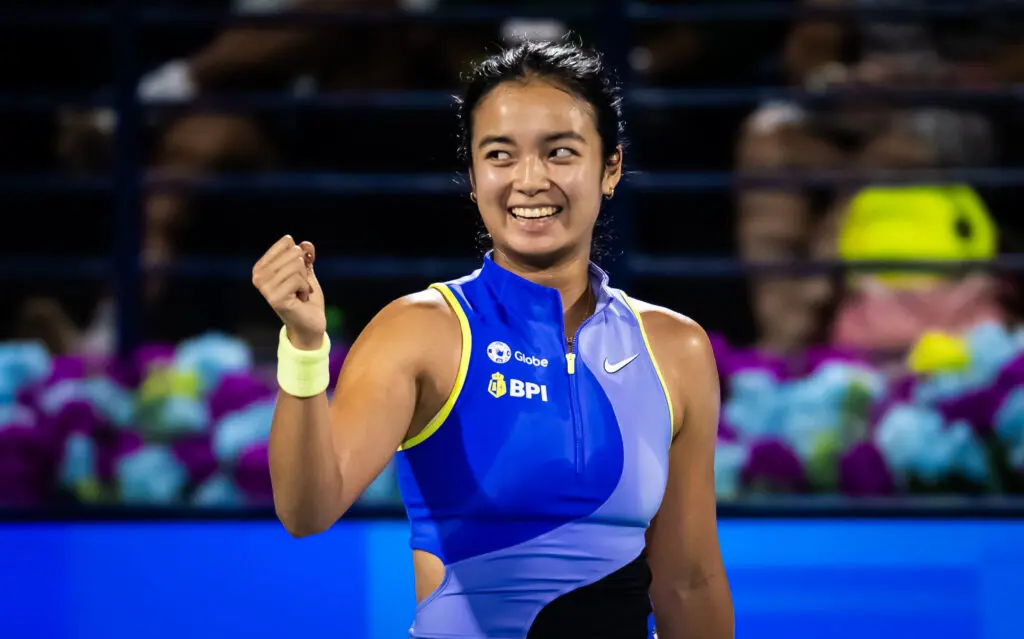 Alexandra Eala celebrates a point during her quarterfinal match at the 2026 Dubai Tennis Championships.