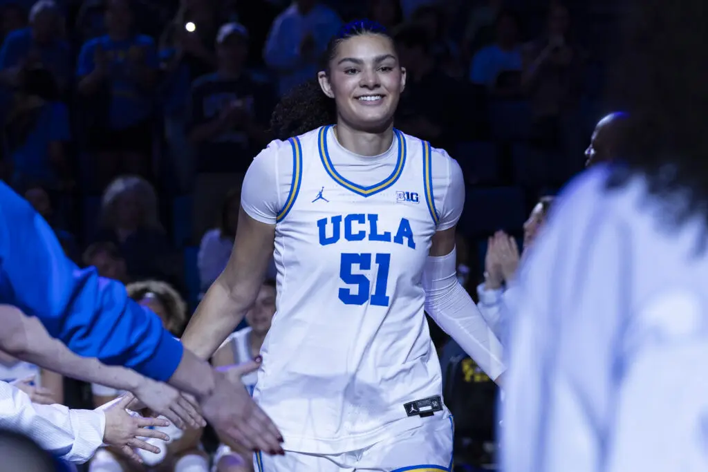 UCLA center Lauren Betts is introduced before a 2025/26 NCAA basketball game.
