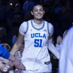 UCLA center Lauren Betts is introduced before a 2025/26 NCAA basketball game.