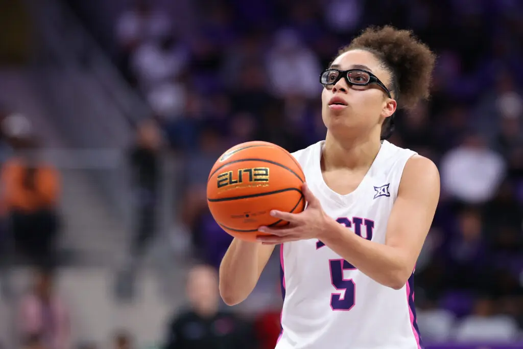 TCU guard Olivia Miles lines up a free throw during a 2025/26 NCAA basketball game.