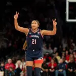 Sarah Strong #21 of the UConn women's basketball celebrates during the second half of the game against the St. John's Red Storm at Madison Square Garden in New York City, United States, on March 1, 2026.