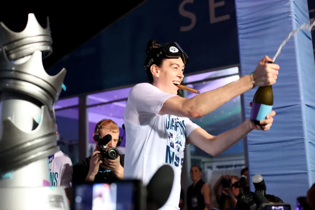 Mist BC star Breanna Stewart sprays champagne at the crowd after winning the 2026 Unrivaled championship.